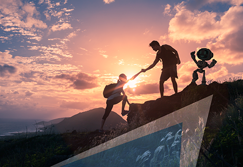 BluePoint Correspondent Commitment – Partner Support Graphic Silhouette of one hiker helping another up a mountain at sunrise, with the BluePoint Correspondent robot mascot nearby showcasing Delegated Correspondent Mortgage Lending from BluePoint