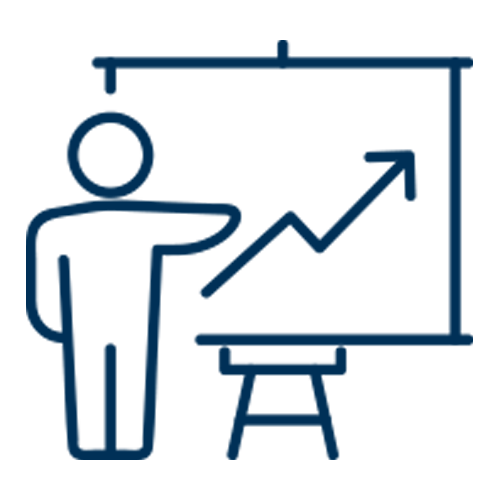 Leadership Expertise Icon Line icon of a presenter pointing to an upward-trending chart<br />